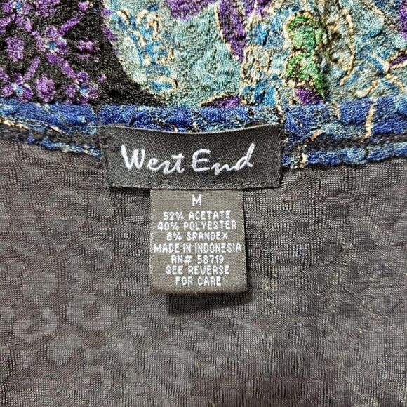 West End Black Blouse Multicolor Floral Scalloped Edges Metallic Size Medium - Picture 8 of 9